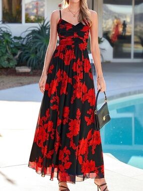 #59 Pretty Garden Black & Red Floral Spaghetti-Strap Maxi Dress